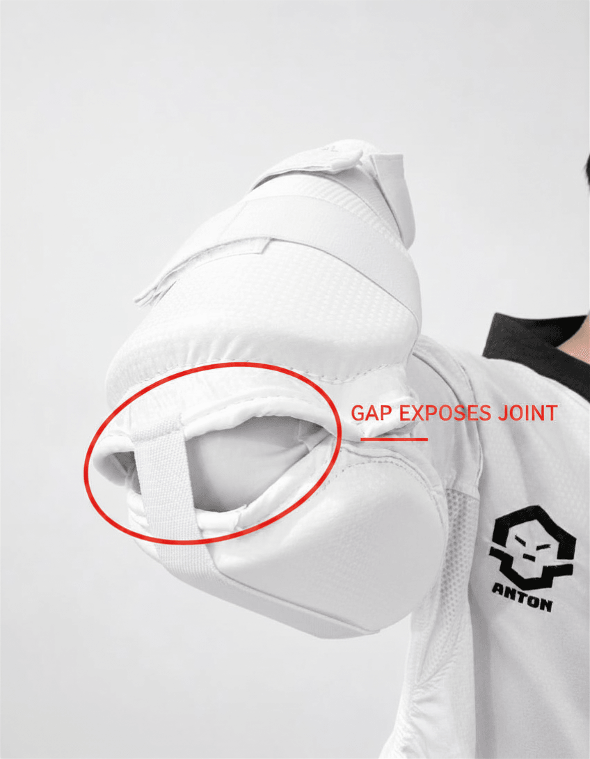 Standard arm guard on bent arm - red annotation marks the gap between forearm pad and elbow protector, labelled gap exposes joint