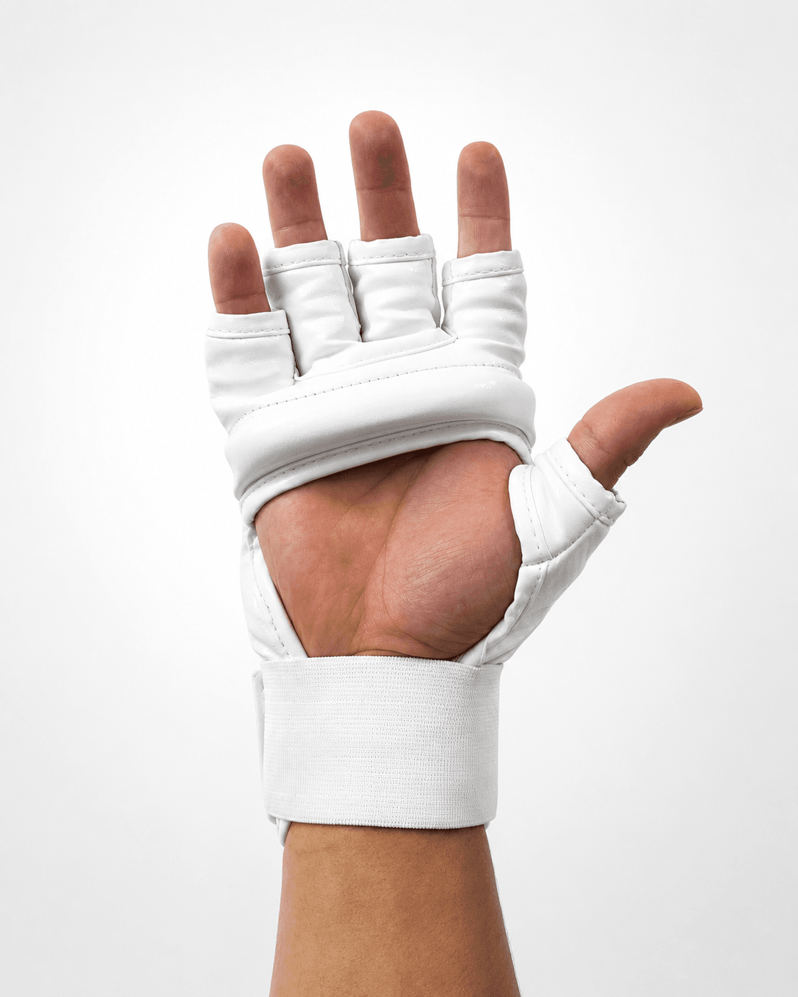 Arm Ultra hand guard worn, palm open - the protruding callous protector pad at the base of the hand
